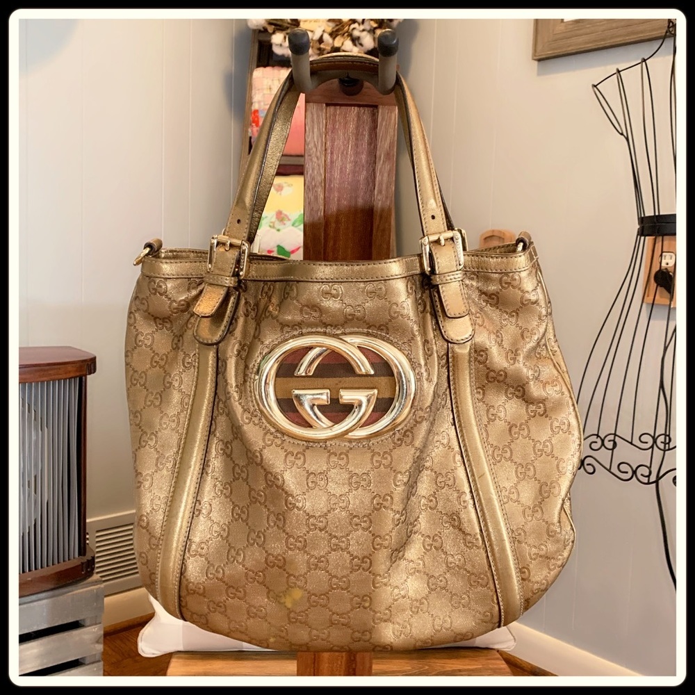 GUCCI Vintage Bronze Metallic Guccissima Britt Hobo Dual Strap Shoulder Bag